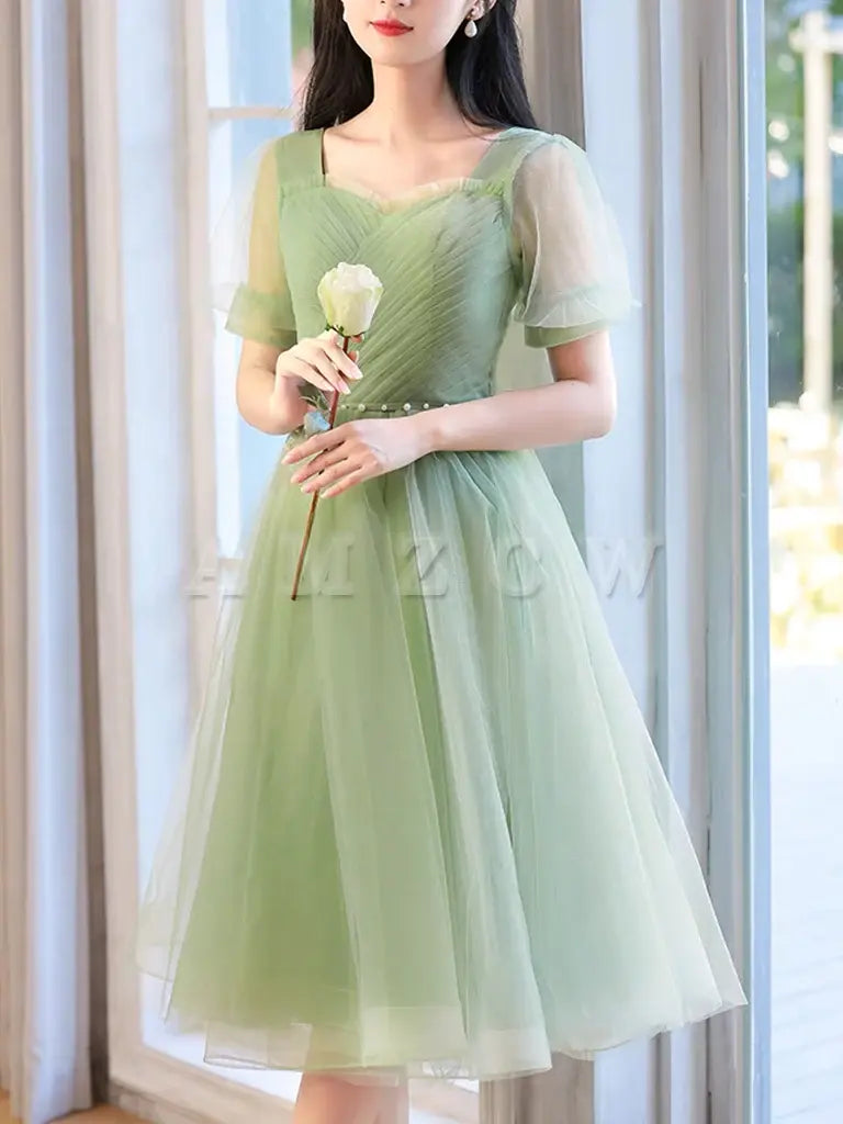 Amzcw A-Line Green Tulle Short Prom Dress Green Short Formal Dress prom dress in store ﻿