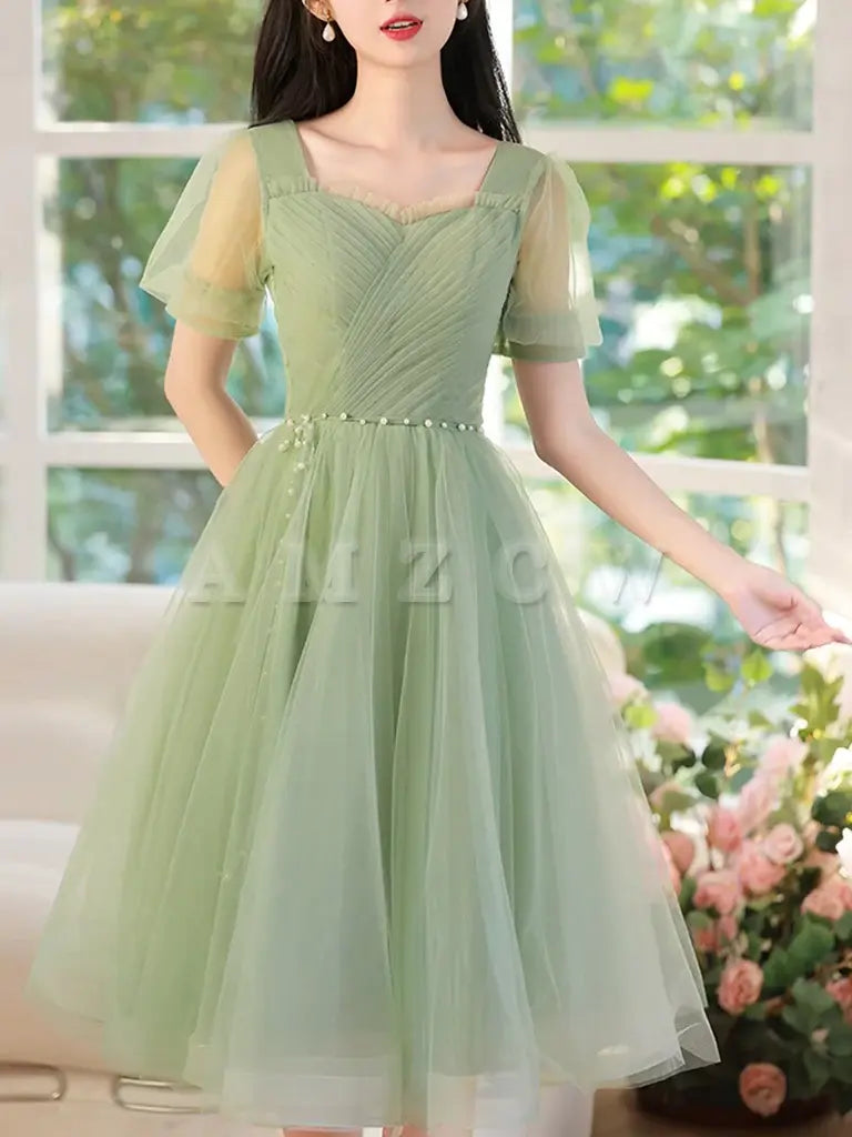 Amzcw A-Line Green Tulle Short Prom Dress Green Short Formal Dress prom dress in store ﻿