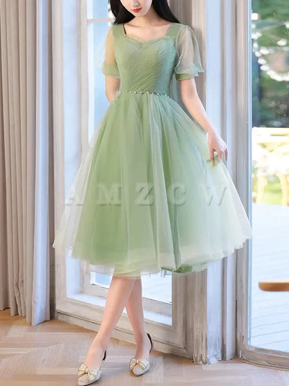 Amzcw A-Line Green Tulle Short Prom Dress Green Short Formal Dress prom dress in store ﻿