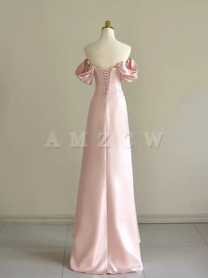 Amzcw A-Line Off Shoulder Pink Long Prom Dress Pink Long Formal Dress with Beads prom dress in store ﻿