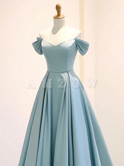 Amzcw A-Line Off Shoulder Satin Blue Long Prom Dress Blue Long Formal Dress prom dresses shops ﻿