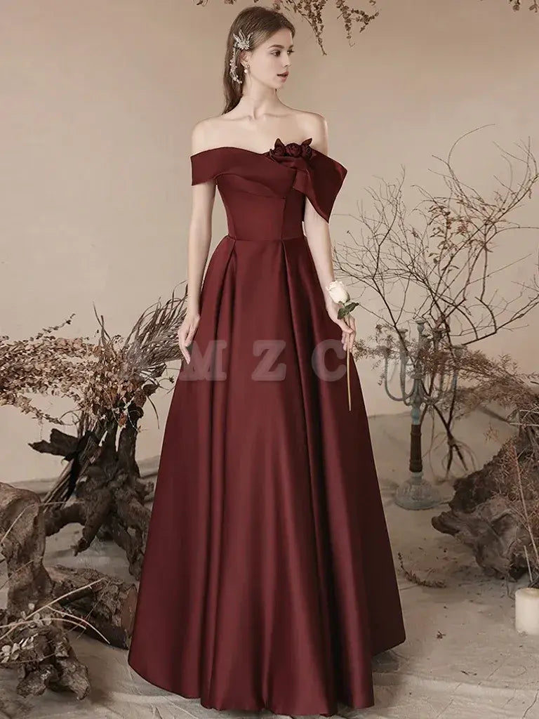 Amzcw A-Line Off Shoulder Satin Burgundy Long Prom Dress Burgundy Long Formal Dress prom dresses shops