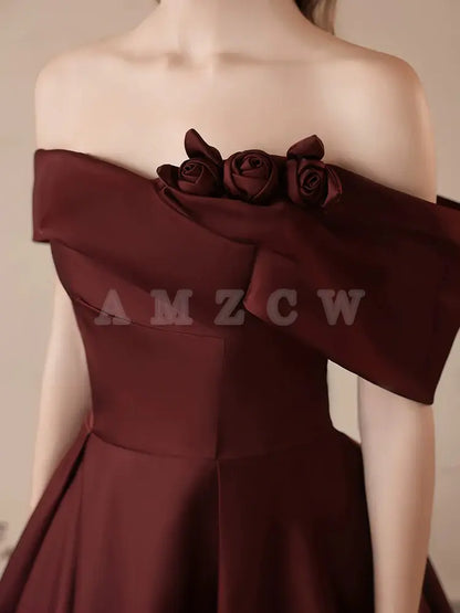 Amzcw A-Line Off Shoulder Satin Burgundy Long Prom Dress Burgundy Long Formal Dress prom dresses shops