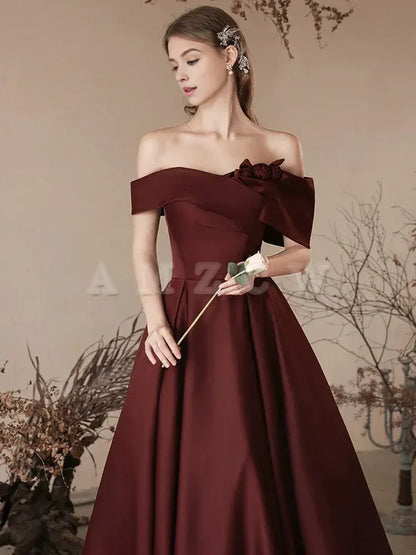 Amzcw A-Line Off Shoulder Satin Burgundy Long Prom Dress Burgundy Long Formal Dress prom dresses shops