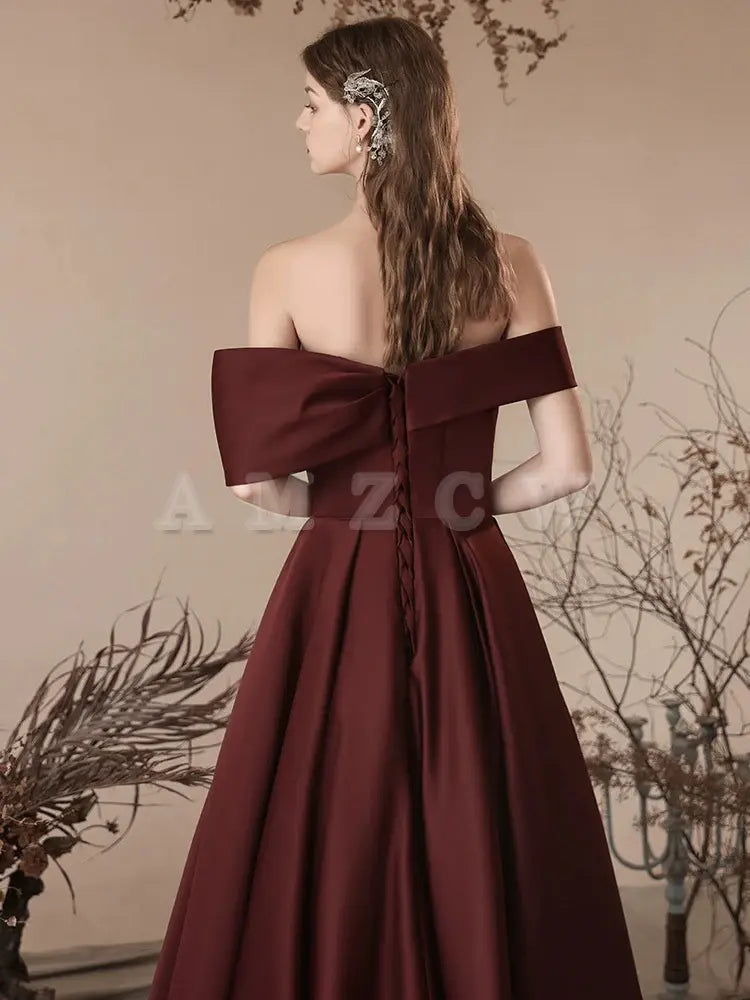 Amzcw A-Line Off Shoulder Satin Burgundy Long Prom Dress Burgundy Long Formal Dress prom dresses shops