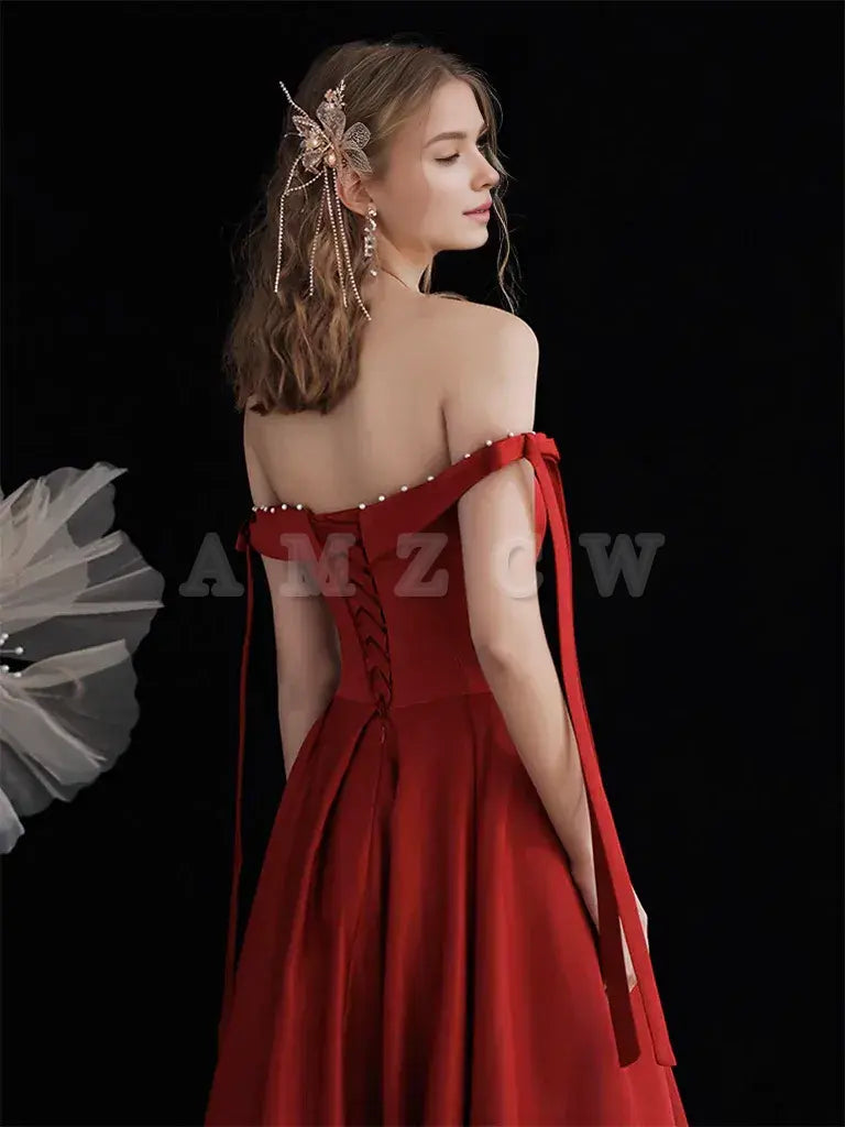 Amzcw A-Line Off Shoulder Satin Burgundy Long Prom Dress Burgundy Long Formal Dress prom dress in store