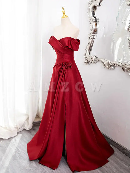 Amzcw A-Line Off Shoulder Satin Burgundy Long Prom Dress prom dress in store