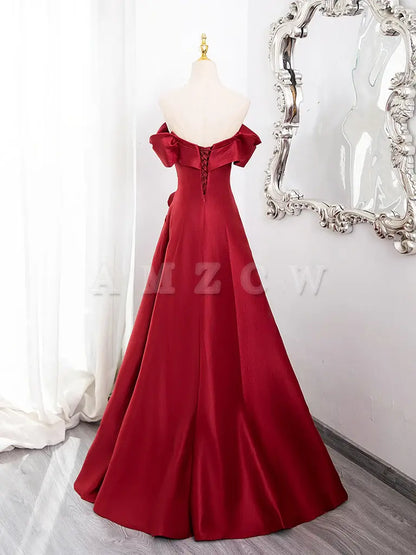 Amzcw A-Line Off Shoulder Satin Burgundy Long Prom Dress prom dress in store