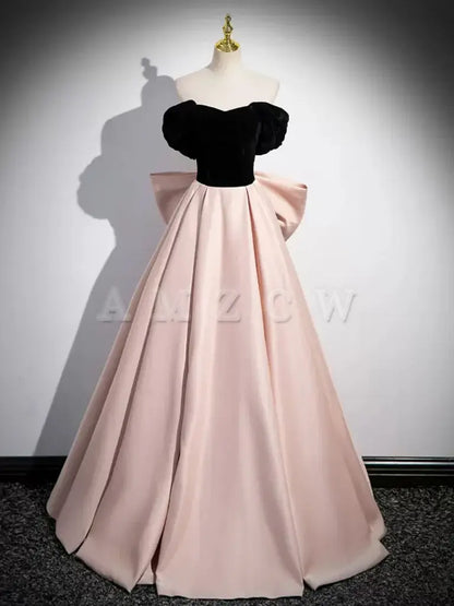 Amzcw A-Line Off Shoulder Satin Champagne Long Prom Dress Champagne Long Formal Dress prom dress in store