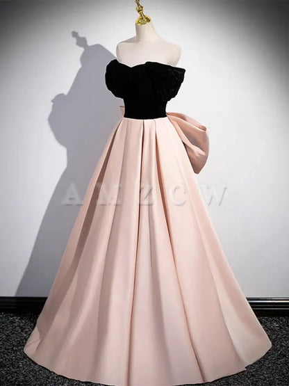 Amzcw A-Line Off Shoulder Satin Champagne Long Prom Dress Champagne Long Formal Dress prom dress in store