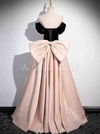 Amzcw A-Line Off Shoulder Satin Champagne Long Prom Dress Champagne Long Formal Dress prom dress in store