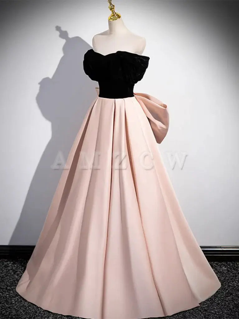 Amzcw A-Line Off Shoulder Satin Champagne Long Prom Dress Champagne Long Formal Dress prom dress in store