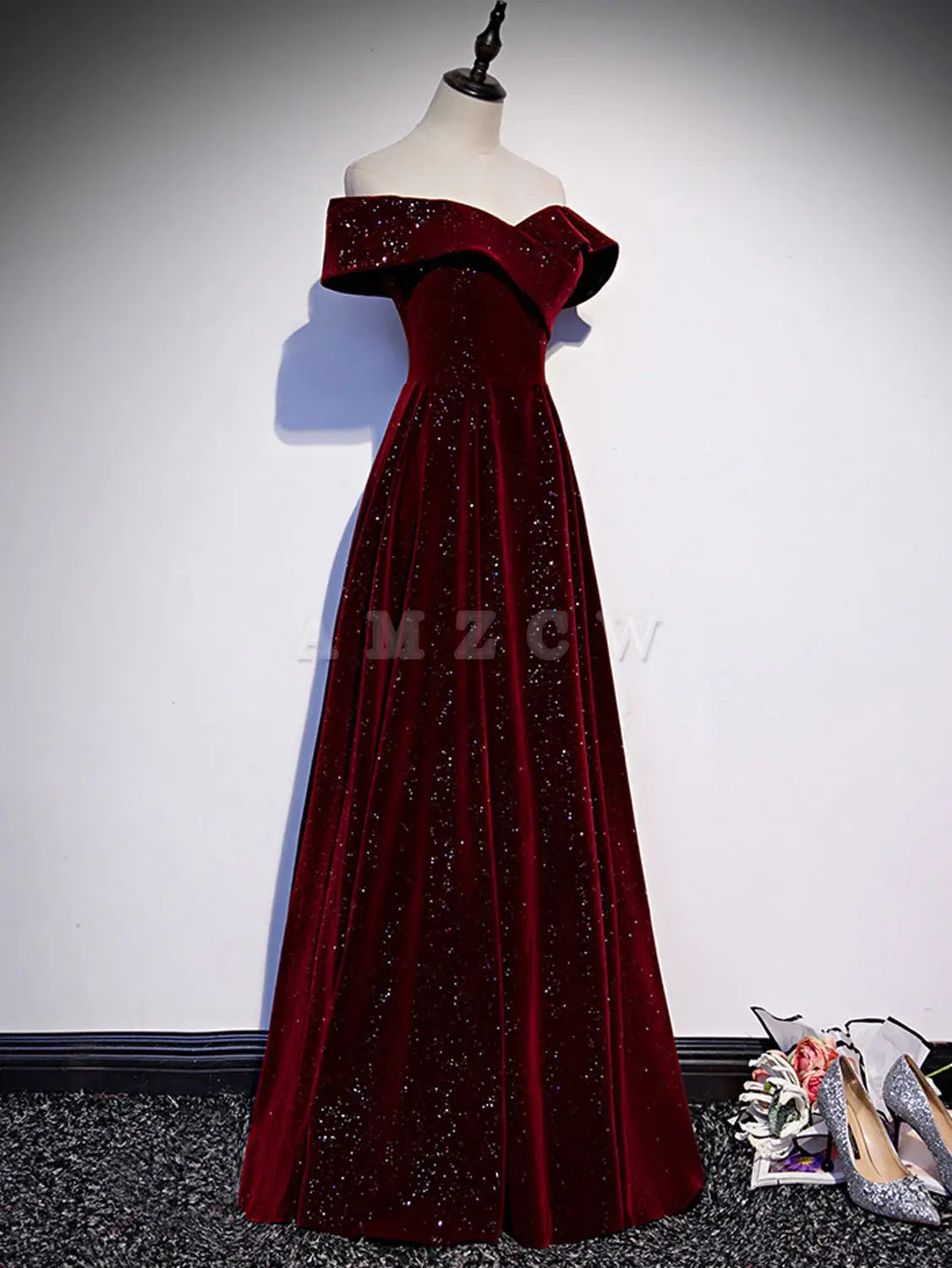 Amzcw A-Line Off Shoulder V Neck Velvet Burgundy Long Prom Dress Burgundy Long Formal Dress prom dresses shops