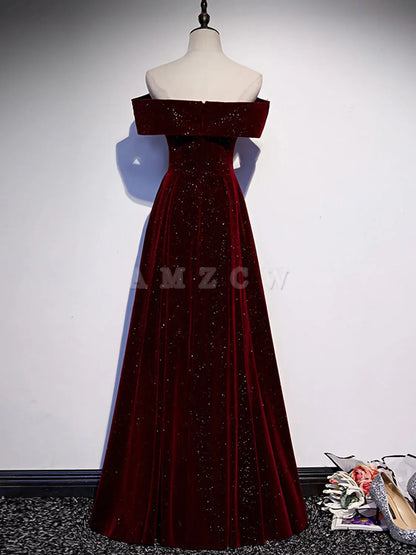 Amzcw A-Line Off Shoulder V Neck Velvet Burgundy Long Prom Dress Burgundy Long Formal Dress prom dresses shops