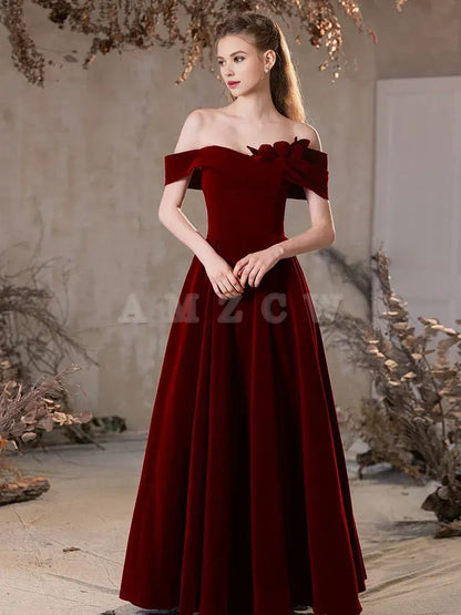 Amzcw A-Line Off Shoulder Velvet Burgundy Long Prom Dress Burgundy Long Formal Dress prom dress in store