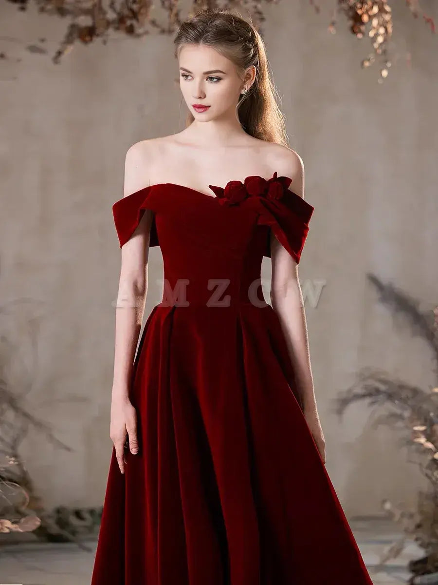 Amzcw A-Line Off Shoulder Velvet Burgundy Long Prom Dress Burgundy Long Formal Dress prom dress in store