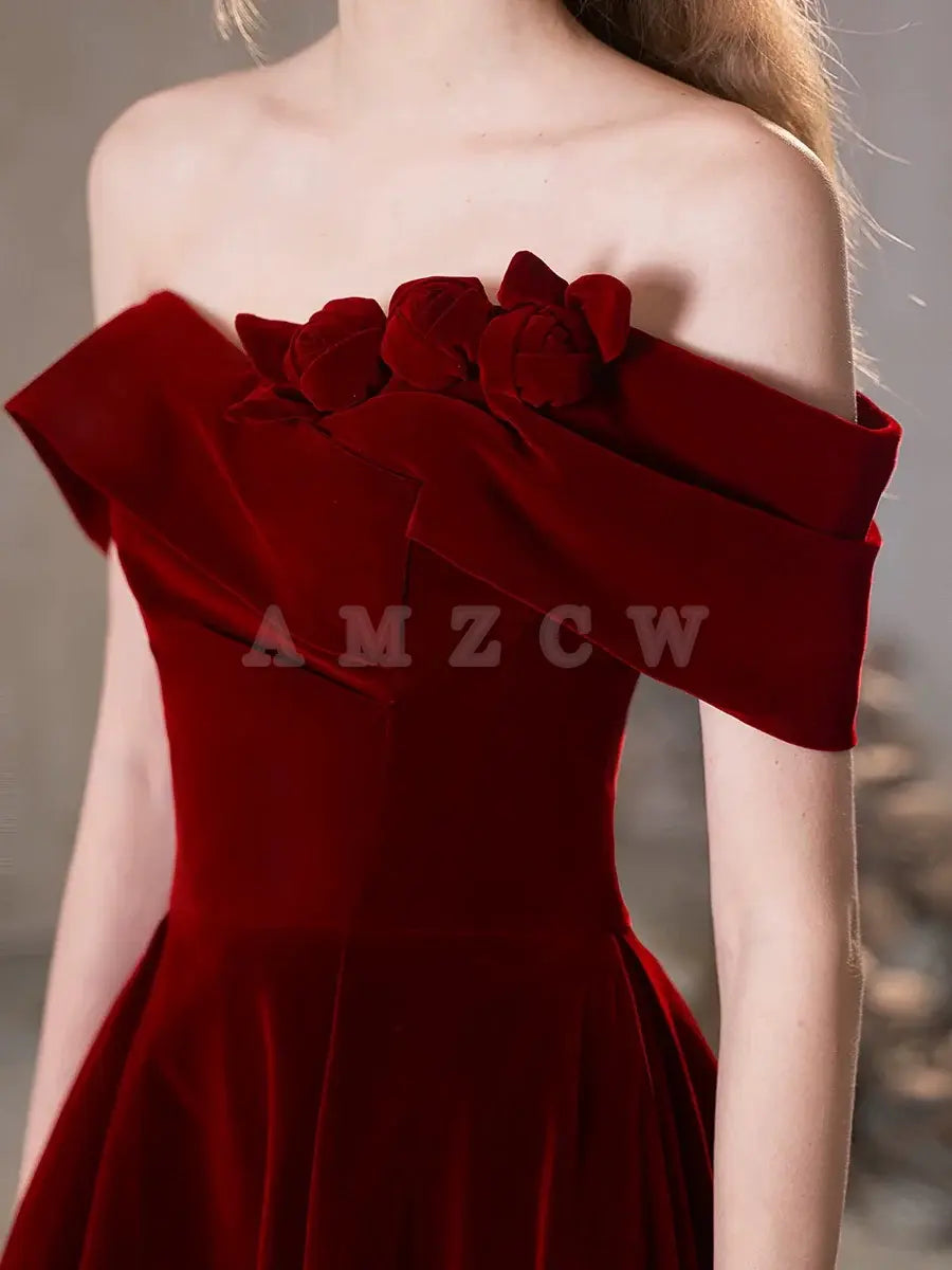 Amzcw A-Line Off Shoulder Velvet Burgundy Long Prom Dress Burgundy Long Formal Dress prom dress in store