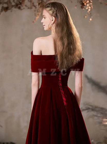 Amzcw A-Line Off Shoulder Velvet Burgundy Long Prom Dress Burgundy Long Formal Dress prom dress in store