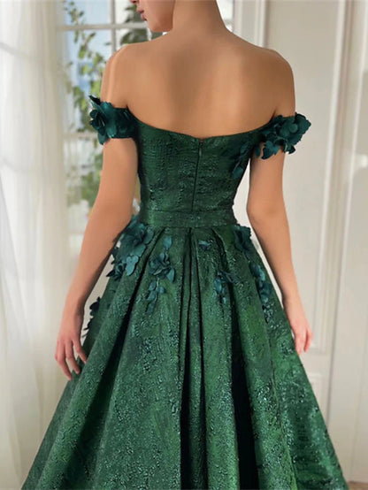 A-Line/Princess Off-The-Shoulder Sleeveless Floor-Length Long Prom Floral Dresses Whit Split Side Appliques