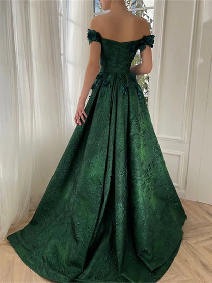 A-Line/Princess Off-The-Shoulder Sleeveless Floor-Length Long Prom Floral Dresses Whit Split Side Appliques