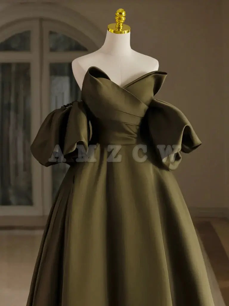 Amzcw A-Line Puff Sleeves Olive Green Satin Long Prom Dress Olive Green Long Evening Dress prom dresses shops