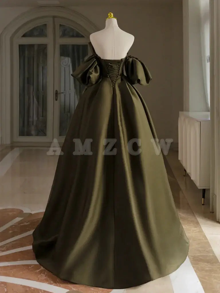 Amzcw A-Line Puff Sleeves Olive Green Satin Long Prom Dress Olive Green Long Evening Dress prom dresses shops