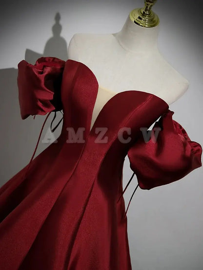 Amzcw A-Line Puff Sleeves Satin Burgundy Long Prom Dress Burgundy Long Formal Dress prom dresses shops