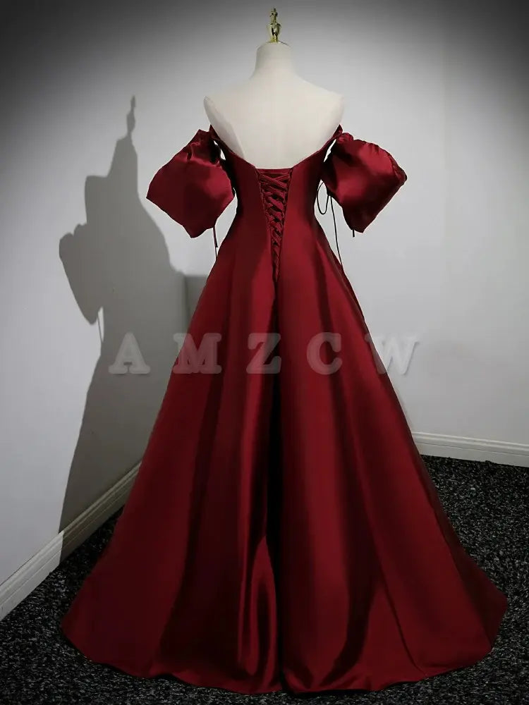 Amzcw A-Line Puff Sleeves Satin Burgundy Long Prom Dress Burgundy Long Formal Dress prom dresses shops