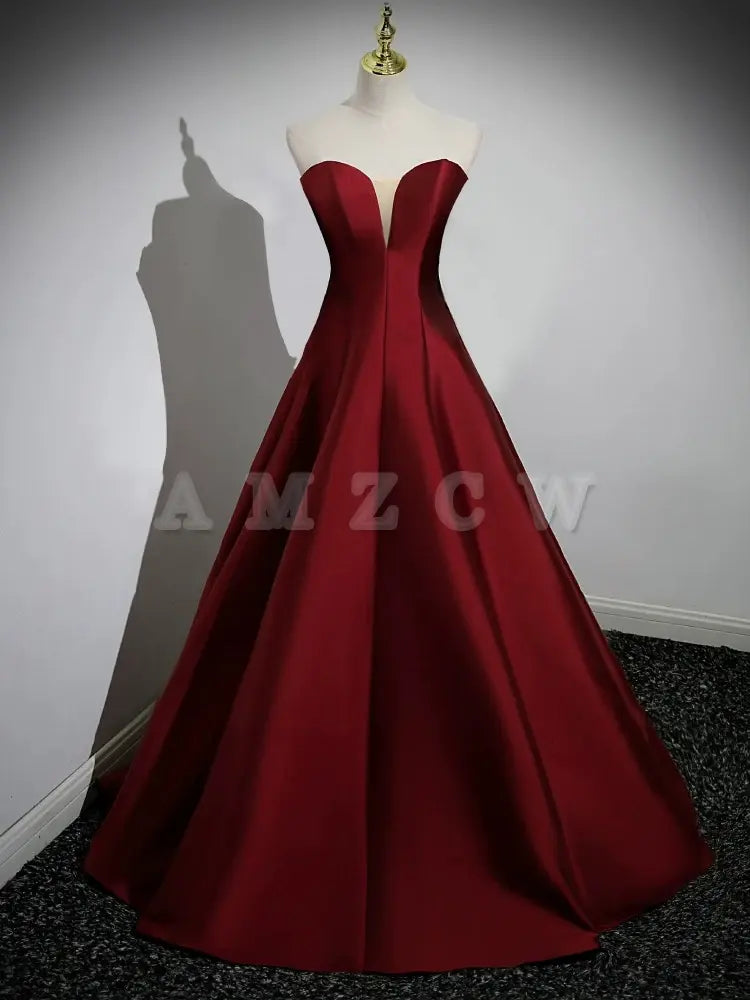 Amzcw A-Line Puff Sleeves Satin Burgundy Long Prom Dress Burgundy Long Formal Dress prom dresses shops