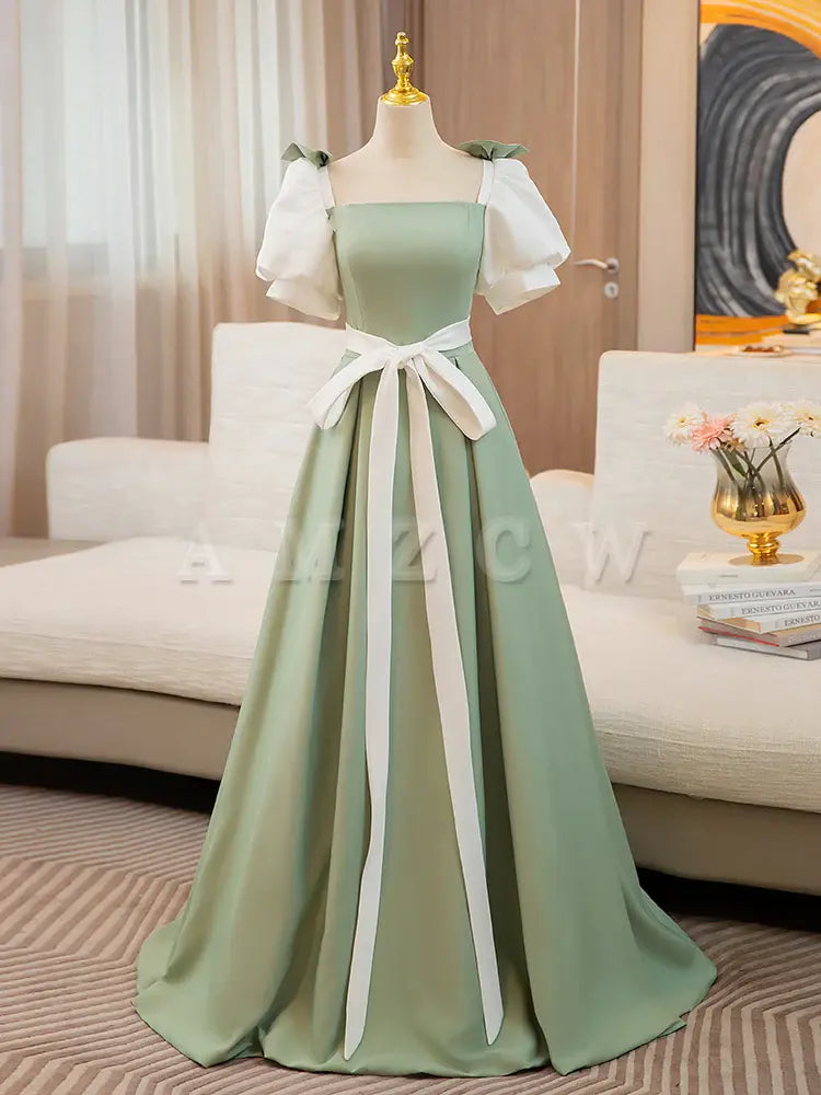 Amzcw A-Line Puff Sleeves Satin Green Long Prom Dress Green Sweet 16 Dress prom dresses shops