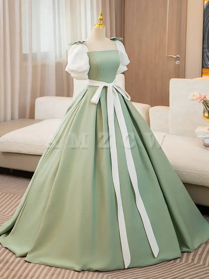 Amzcw A-Line Puff Sleeves Satin Green Long Prom Dress Green Sweet 16 Dress prom dresses shops