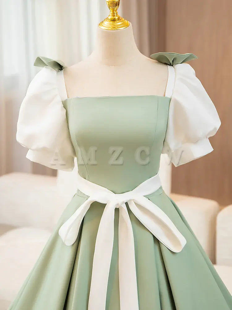 Amzcw A-Line Puff Sleeves Satin Green Long Prom Dress Green Sweet 16 Dress prom dresses shops