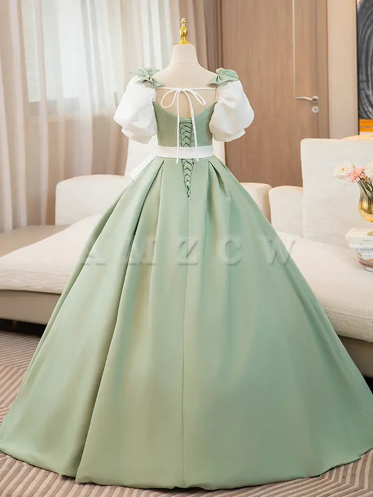 Amzcw A-Line Puff Sleeves Satin Green Long Prom Dress Green Sweet 16 Dress prom dresses shops