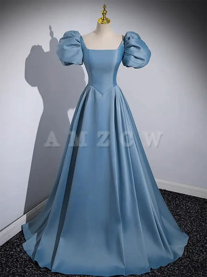 Amzcw A-Line Satin Blue Long Prom Dress Blue Satin Long Evening Dress prom dress in store