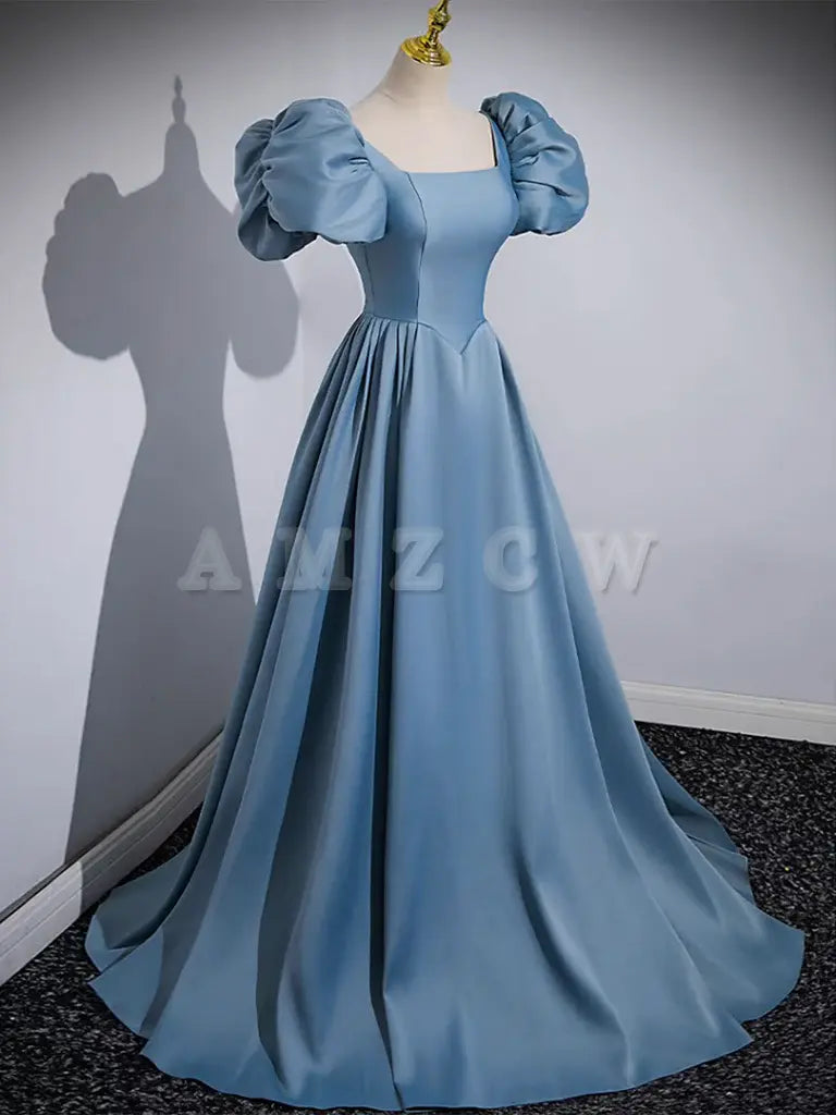 Amzcw A-Line Satin Blue Long Prom Dress Blue Satin Long Evening Dress prom dress in store