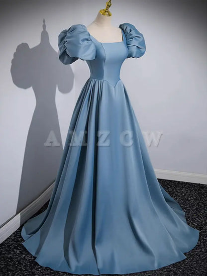 Amzcw A-Line Satin Blue Long Prom Dress Blue Satin Long Evening Dress prom dress in store