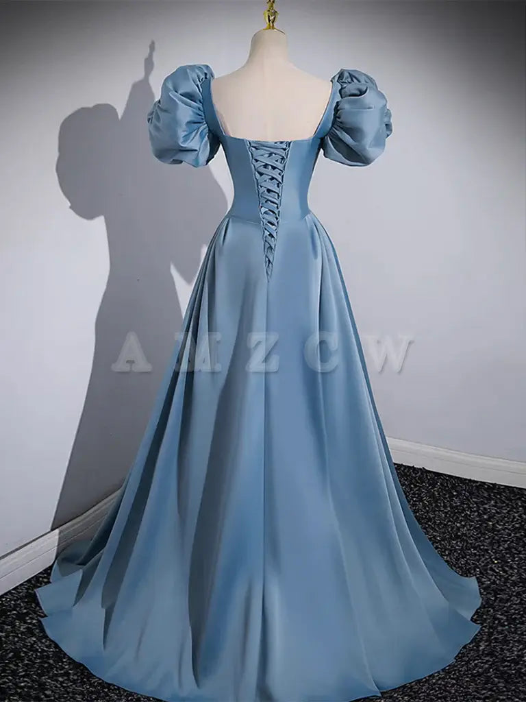 Amzcw A-Line Satin Blue Long Prom Dress Blue Satin Long Evening Dress prom dress in store