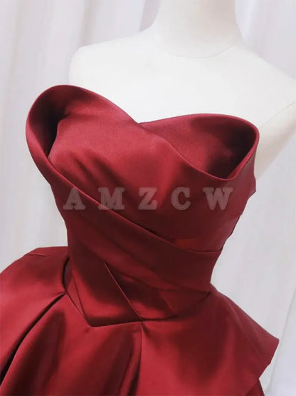 Amzcw A-Line Satin Burgundy Long Prom Dress Burgundy Formal Dress prom dress in store