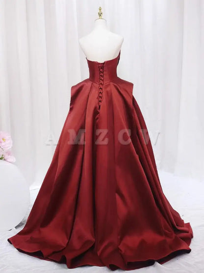 Amzcw A-Line Satin Burgundy Long Prom Dress Burgundy Formal Dress prom dress in store