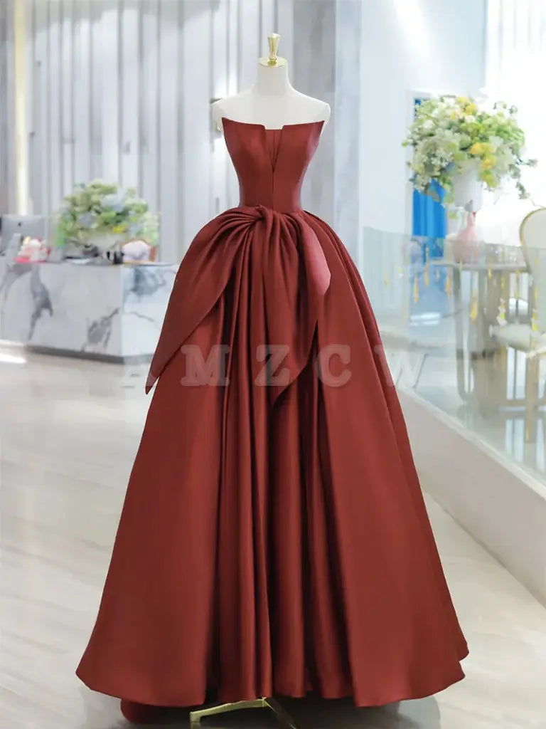 Amzcw A-Line Satin Burgundy Long Prom Dress Burgundy Long Formal Dress prom dresses shops ﻿