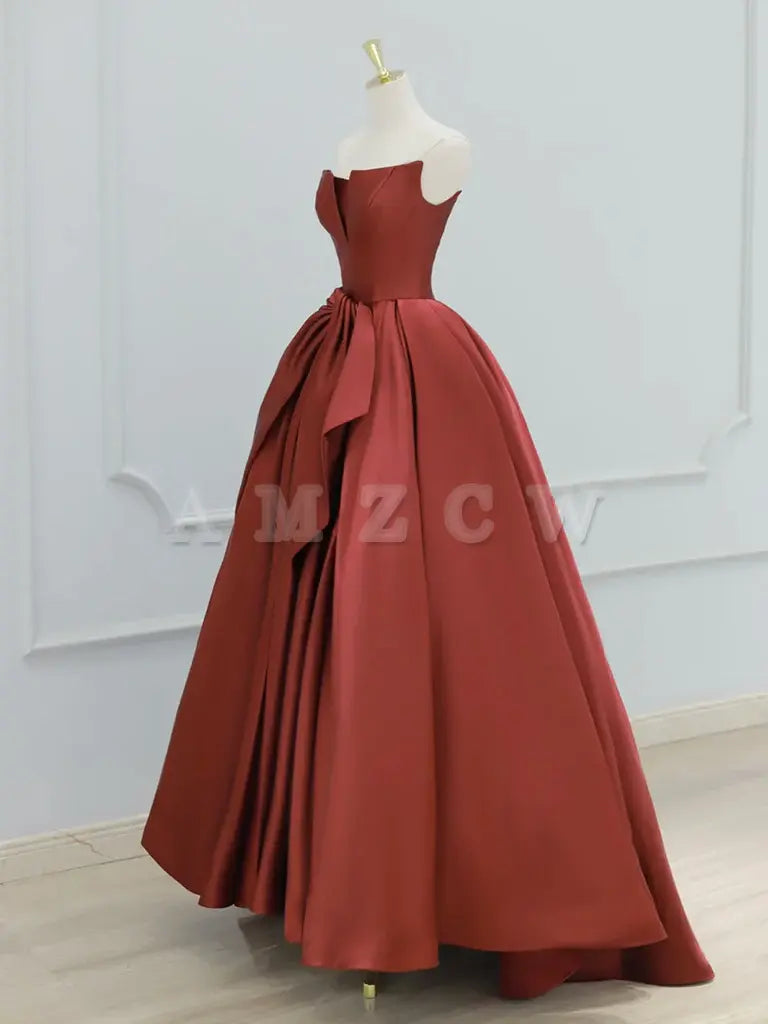 Amzcw A-Line Satin Burgundy Long Prom Dress Burgundy Long Formal Dress prom dresses shops ﻿