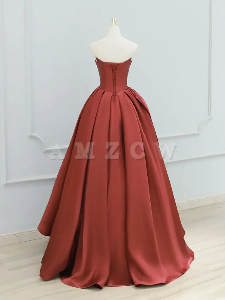 Amzcw A-Line Satin Burgundy Long Prom Dress Burgundy Long Formal Dress prom dresses shops ﻿