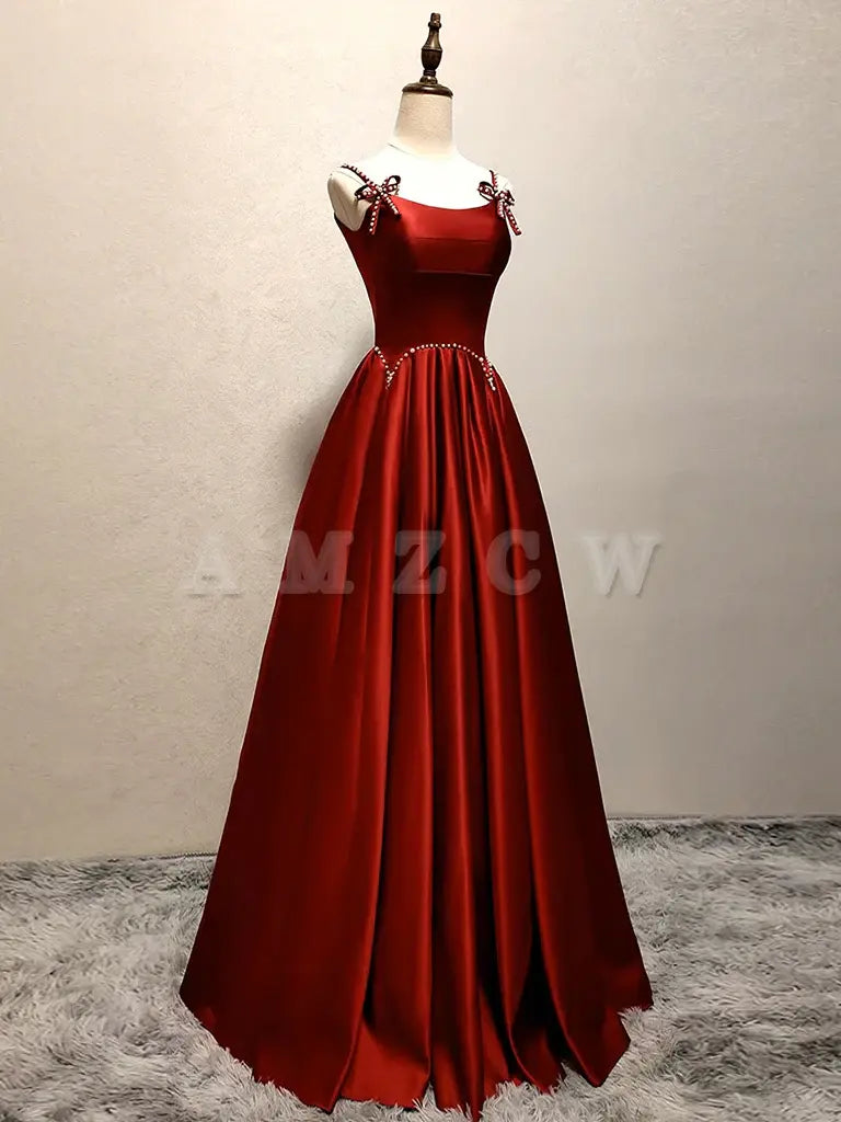 Amzcw A-Line Satin Burgundy Long Prom Dress Burgundy Long Formal Dress prom dress in store