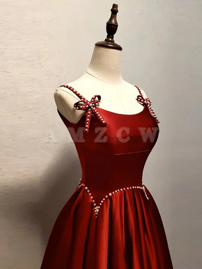 Amzcw A-Line Satin Burgundy Long Prom Dress Burgundy Long Formal Dress prom dress in store