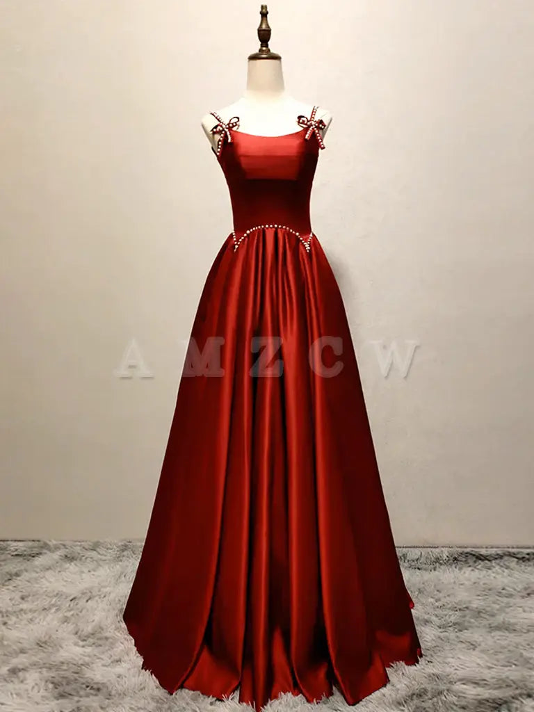 Amzcw A-Line Satin Burgundy Long Prom Dress Burgundy Long Formal Dress prom dress in store