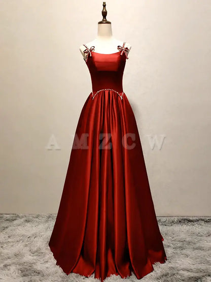 Amzcw A-Line Satin Burgundy Long Prom Dress Burgundy Long Formal Dress prom dress in store