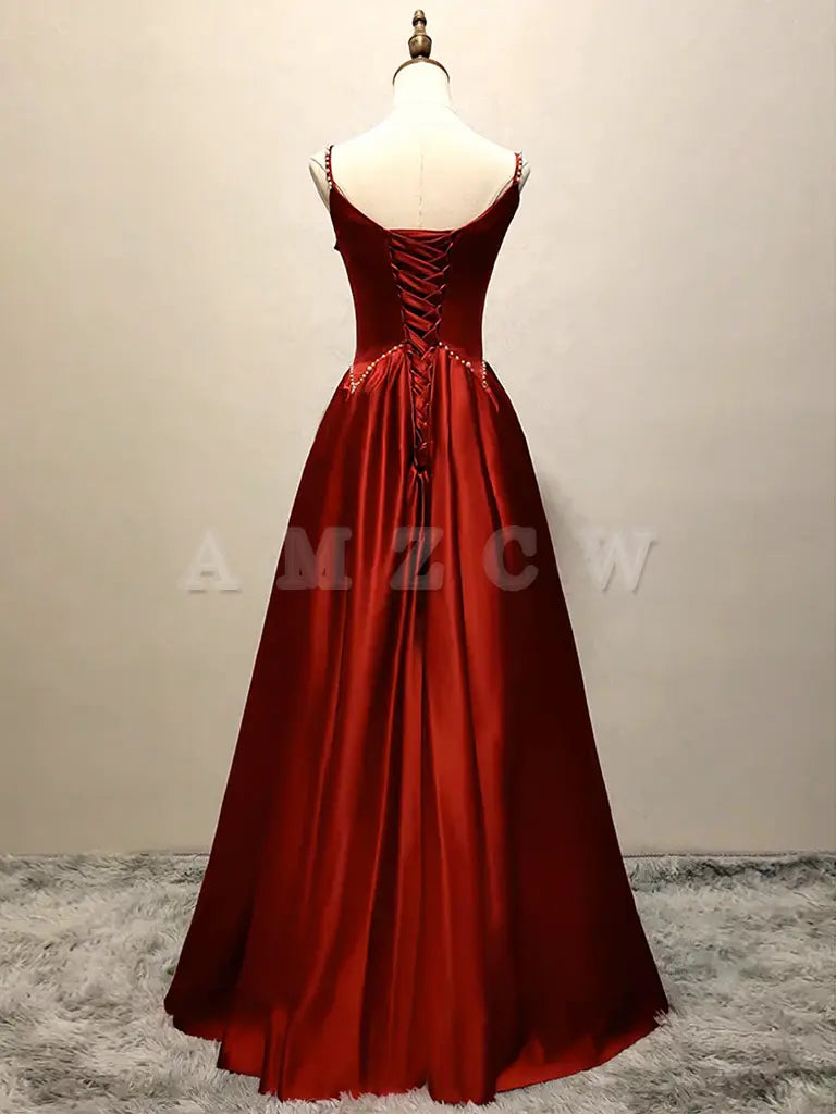 Amzcw A-Line Satin Burgundy Long Prom Dress Burgundy Long Formal Dress prom dress in store