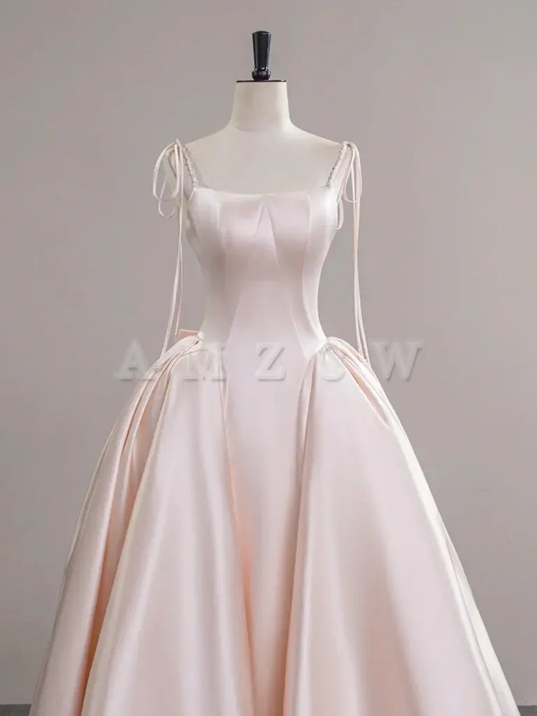 Amzcw A-Line Satin Champagne Pink Long Prom Dress Champagne Pink Formal Dress prom dress in store