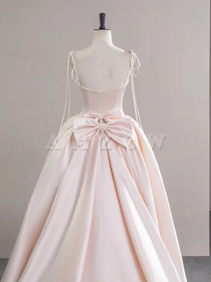 Amzcw A-Line Satin Champagne Pink Long Prom Dress Champagne Pink Formal Dress prom dress in store