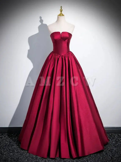 Amzcw A-Line Satin Dark Red Long Prom Dress Dark Red Long Evening Dress prom dress in store prom dress in store